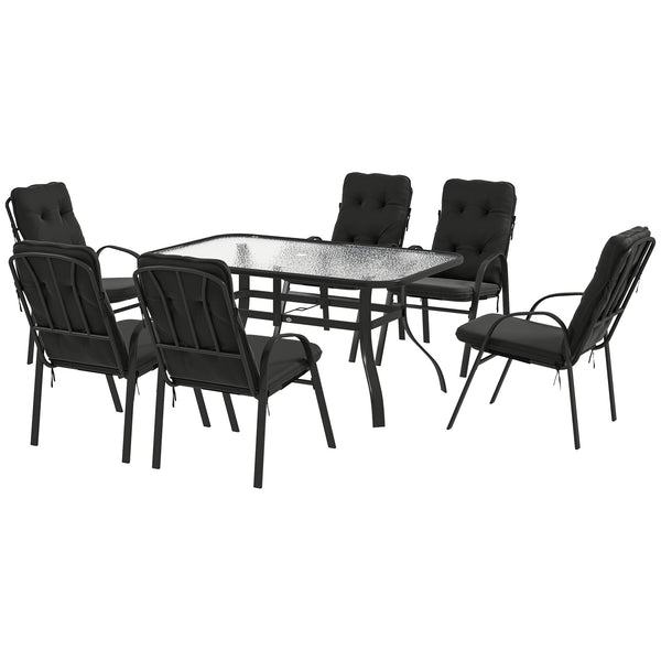 7 Pieces Garden Dining Set, Outdoor Rectangular Dining Table and 6 Cushioned Armchairs, Tempered Glass Top Table w/ Umbrella Hole, Texteline Seats, Black