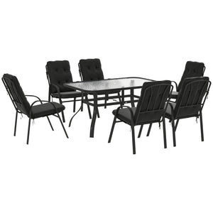 7 Pieces Garden Dining Set, Outdoor Rectangular Dining Table and 6 Cushioned Armchairs, Tempered Glass Top Table w/ Umbrella Hole, Texteline Seats, Black