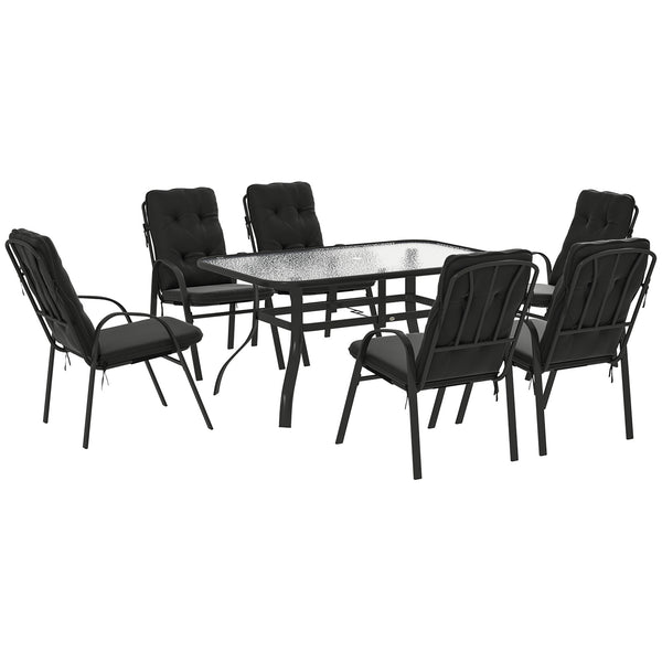 7 Pieces Garden Dining Set, Outdoor Rectangular Dining Table and 6 Cushioned Armchairs, Tempered Glass Top Table w/ Umbrella Hole, Texteline Seats, Black