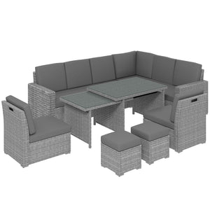 10 Seater Rattan Dining Set with Expandable Table and Nesting Chairs, Rattan Garden Furniture Set with Cushions, Outdoor Dining Table and Chairs, Sectional Corner Sofa Set, Light Grey
