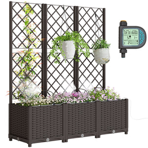 3PCS Plastic Planter Box with Trellis, Self-Watering Raised Garden Bed with Trellis and Automatic Watering Timer Kit, Outdoor Raised Planter with Drainage Holes, Plugs and Water Reservoir