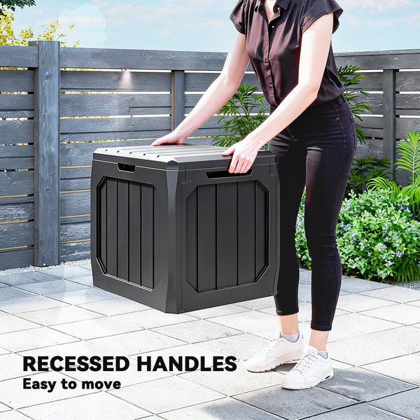 32 Gallon Deck Box, Plastic Outdoor Storage Box with Handles, Waterproof and UV Resistant Storage Container for Garden Tools and Pool Supplies, Black