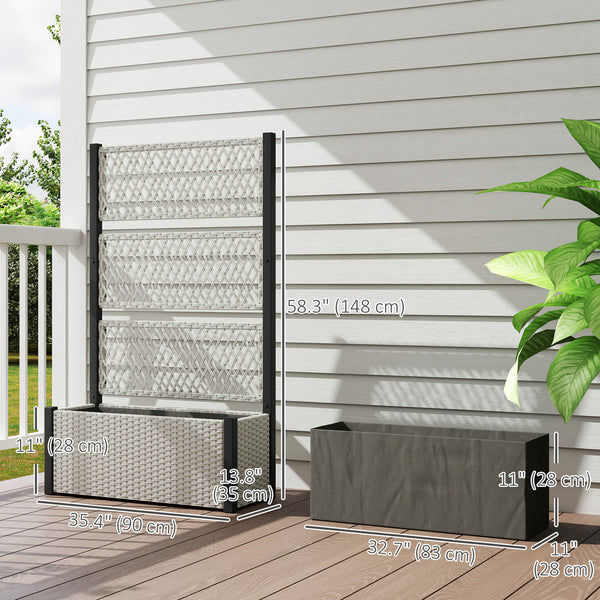 Wicker Outdoor Planter with Trellis, 58" Standing Raised Garden Bed with Liner, Drainage Holes, Privacy Screen Planter Box for Climbing Plants, Flowers, Mixed Grey