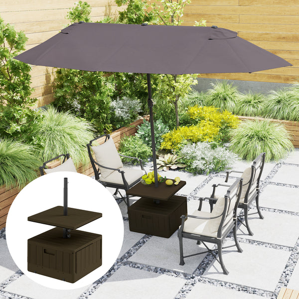 Outsunny Weighted Umbrella Stand with Table Tray, Heavy Duty Patio Umbrella Weighted Base with Wheels, Handles, 176lbs with Stand Filling, Patio Umbrella Base Weight for Garden Poolside, Brown