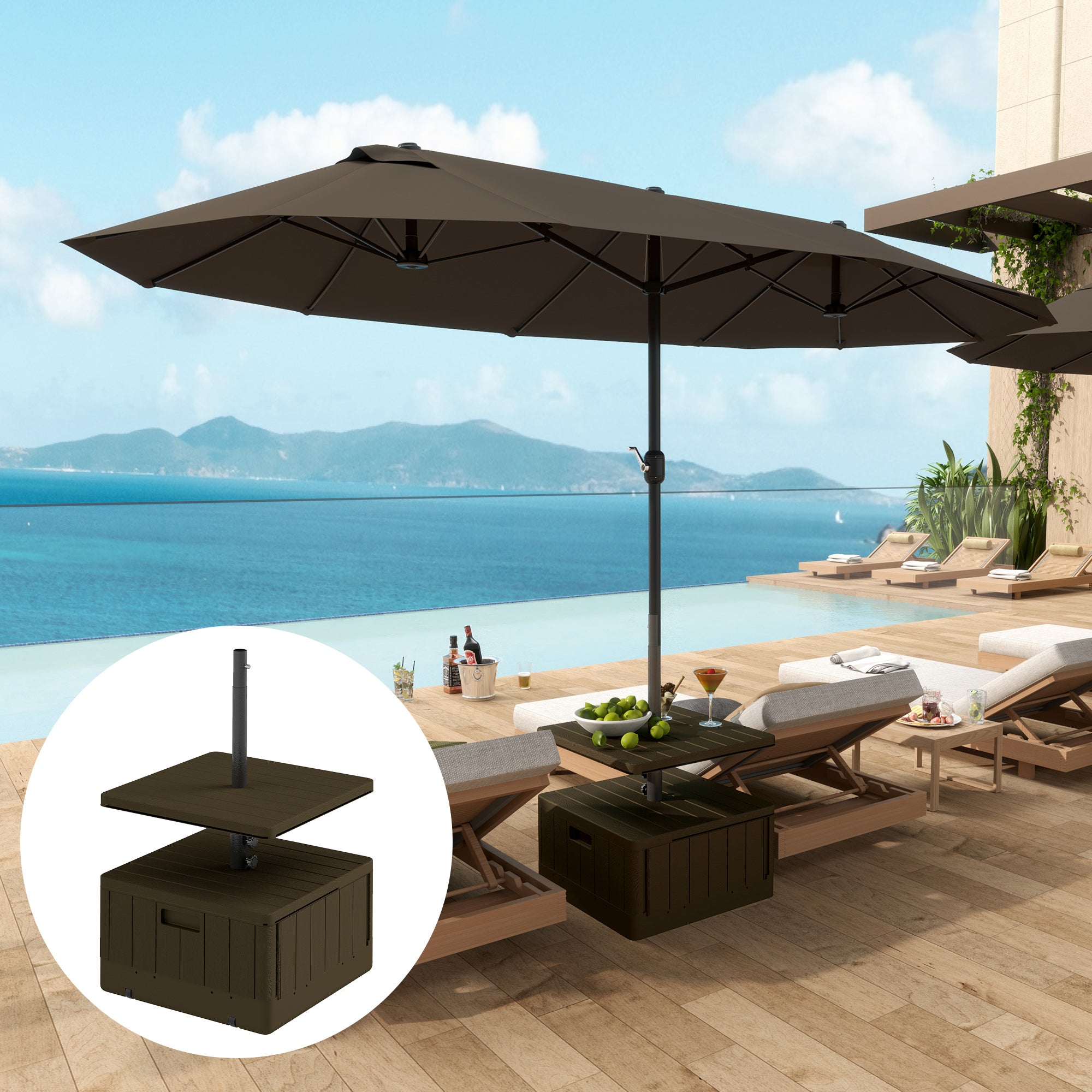 heavy duty patio umbrella with wheels Outsunny Patio Umbrella Weighted Base with Table Tray, Heavy Duty Weighted Umbrella Stand with Wheels Handles, 176lbs with Stand Filling, Patio Umbrel