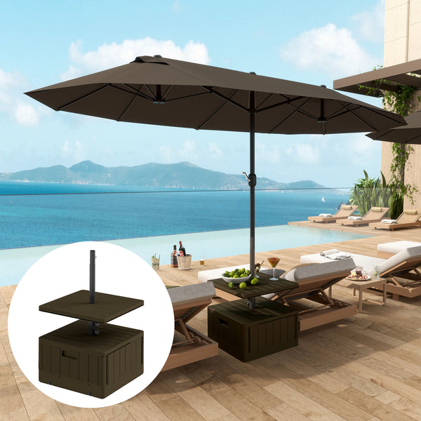 Outsunny Weighted Umbrella Stand with Table Tray, Heavy Duty Patio Umbrella Weighted Base with Wheels, Handles, 176lbs with Stand Filling, Patio Umbrella Base Weight for Garden Poolside, Brown