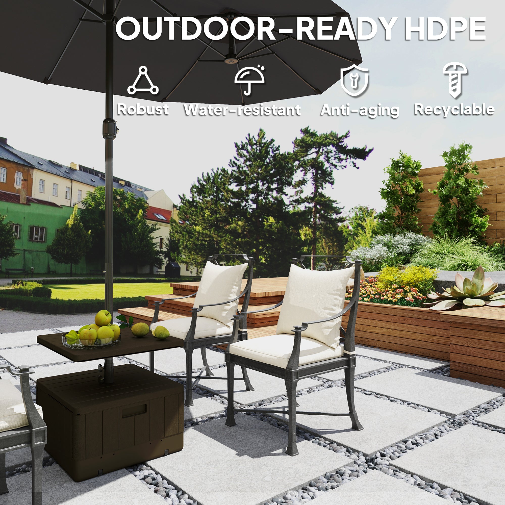 heavy duty patio table umbrella Outsunny Patio Umbrella Weighted Base with Table Tray, Heavy Duty Weighted Umbrella Stand with Wheels Handles, 176lbs with Stand Filling, Patio Umbrel