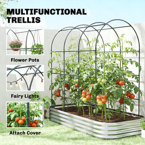 Galvanised Raised Garden Bed with Arched Trellis, 7 x 4 x 7ft Metal Outdoor Planter Box with Open Bottom Design, Modular Raised Bed with Gloves, Easy Assembly, Silver