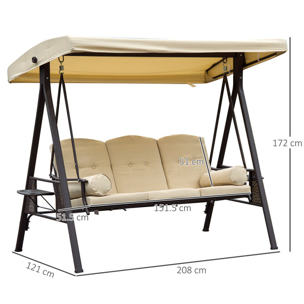 3 Seater Canopy Swing Chair, Outdoor Garden Swing Seat with Adjustable Canopy, Cushions and Cup Trays, Steel Frame, Beige