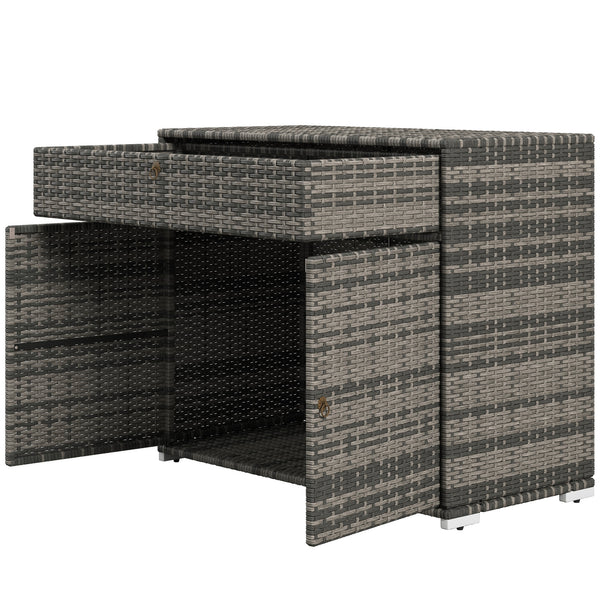 Outdoor Storage Cabinet, Wicker 2-Door Pool Towel Storage Cabinet with Drawer, Freestanding PE Rattan Pool Organizer with Steel Frame for Garden, Porch, Patio, Grey