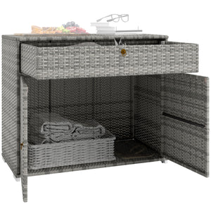 Outdoor Storage Cabinet, Wicker 2-Door Pool Towel Storage Cabinet with Drawer, Freestanding PE Rattan Pool Organizer with Steel Frame for Garden, Porch, Patio, Grey