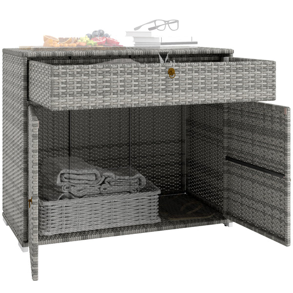 Outdoor Storage Cabinet, Wicker 2-Door Pool Towel Storage Cabinet with Drawer, Freestanding PE Rattan Pool Organizer with Steel Frame for Garden, Porch, Patio, Grey