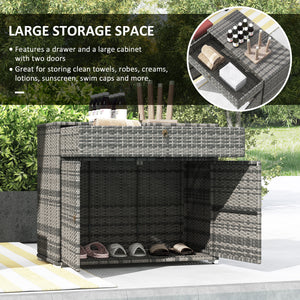 Outdoor Storage Cabinet, Wicker 2-Door Pool Towel Storage Cabinet with Drawer, Freestanding PE Rattan Pool Organizer with Steel Frame for Garden, Porch, Patio, Grey