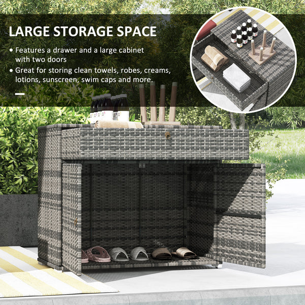 Outdoor Storage Cabinet, Wicker 2-Door Pool Towel Storage Cabinet with Drawer, Freestanding PE Rattan Pool Organizer with Steel Frame for Garden, Porch, Patio, Grey