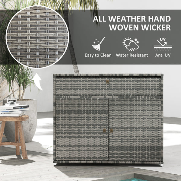 Outdoor Storage Cabinet, Wicker 2-Door Pool Towel Storage Cabinet with Drawer, Freestanding PE Rattan Pool Organizer with Steel Frame for Garden, Porch, Patio, Grey