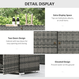 Outdoor Storage Cabinet, Wicker 2-Door Pool Towel Storage Cabinet with Drawer, Freestanding PE Rattan Pool Organizer with Steel Frame for Garden, Porch, Patio, Grey