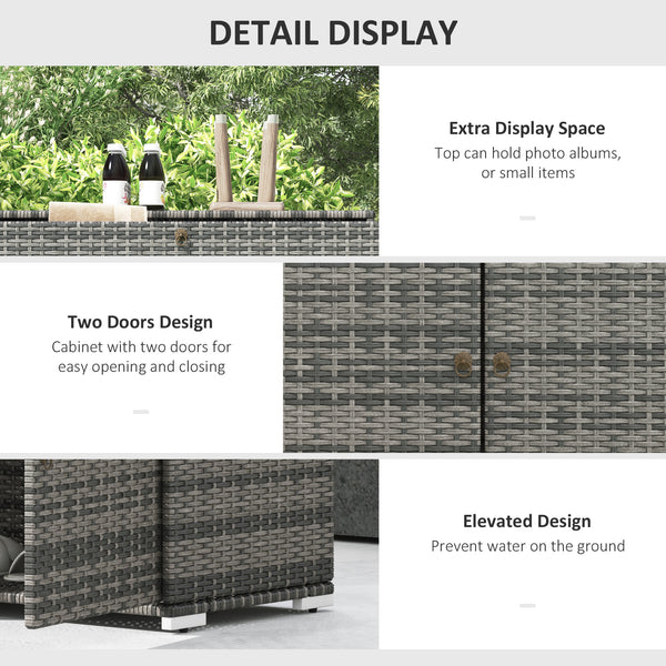 Outdoor Storage Cabinet, Wicker 2-Door Pool Towel Storage Cabinet with Drawer, Freestanding PE Rattan Pool Organizer with Steel Frame for Garden, Porch, Patio, Grey