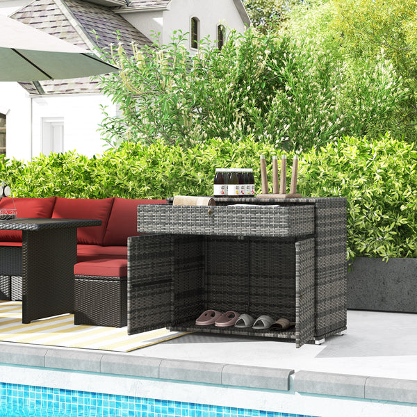 Outdoor Storage Cabinet, Wicker 2-Door Pool Towel Storage Cabinet with Drawer, Freestanding PE Rattan Pool Organizer with Steel Frame for Garden, Porch, Patio, Grey