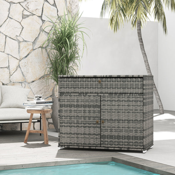Outdoor Storage Cabinet, Wicker 2-Door Pool Towel Storage Cabinet with Drawer, Freestanding PE Rattan Pool Organizer with Steel Frame for Garden, Porch, Patio, Grey