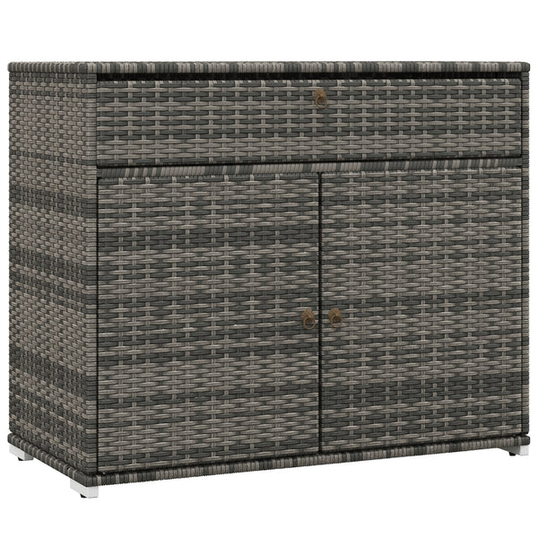 Outdoor Storage Cabinet, Wicker 2-Door Pool Towel Storage Cabinet with Drawer, Freestanding PE Rattan Pool Organizer with Steel Frame for Garden, Porch, Patio, Grey