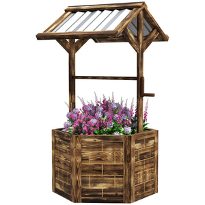 Outsunny Wooden Wishing Well Planter, Raised Garden Bed with Galvanized Canopy, Hexagon Outdoor Planter Box for Flowers, Herbs and Vegetables, Tan