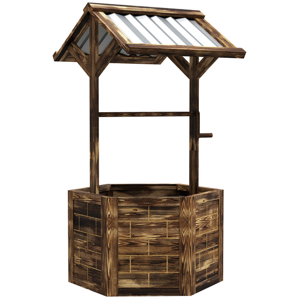 Outsunny Wooden Wishing Well Planter, Raised Garden Bed with Galvanized Canopy, Hexagon Outdoor Planter Box for Flowers, Herbs and Vegetables, Tan