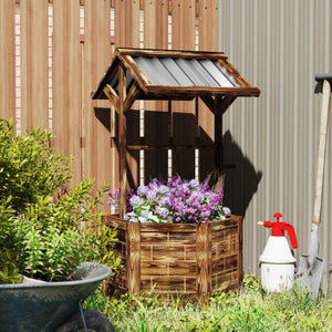 Outsunny Wooden Wishing Well Planter, Raised Garden Bed with Galvanized Canopy, Hexagon Outdoor Planter Box for Flowers, Herbs and Vegetables, Tan