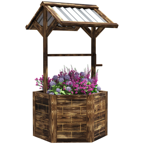 Outsunny Wooden Wishing Well Planter, Raised Garden Bed with Galvanized Canopy, Hexagon Outdoor Planter Box for Flowers, Herbs and Vegetables, Tan