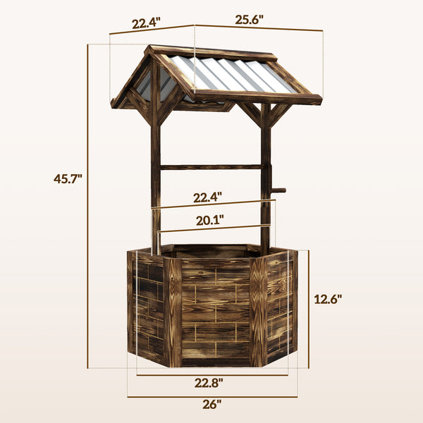 Outsunny Wooden Wishing Well Planter, Raised Garden Bed with Galvanized Canopy, Hexagon Outdoor Planter Box for Flowers, Herbs and Vegetables, Tan