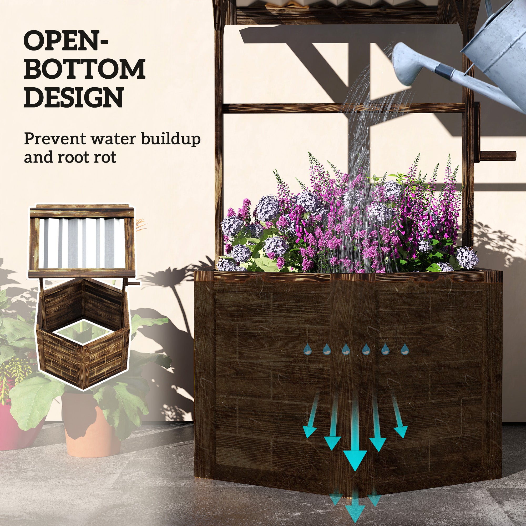 Outsunny Wooden Wishing Well Planter, Raised Garden Bed with