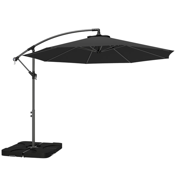 3 m Cantilever Parasol with Umbrella Weights, Cross Base, Offset Outdoor Umbrella with Protective Cover, Crank Handle, Hanging Sun Shade, Black