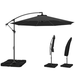 3 m Cantilever Parasol with Umbrella Weights, Cross Base, Offset Outdoor Umbrella with Protective Cover, Crank Handle, Hanging Sun Shade, Black