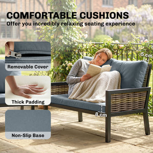 4 Seater Rattan Garden Furniture Set with 2 Armchairs, Loveseat, Coffee Table, Garden Sofa Set with Cushions, Outdoor Furniture Conversation Sets for Patio, Grey