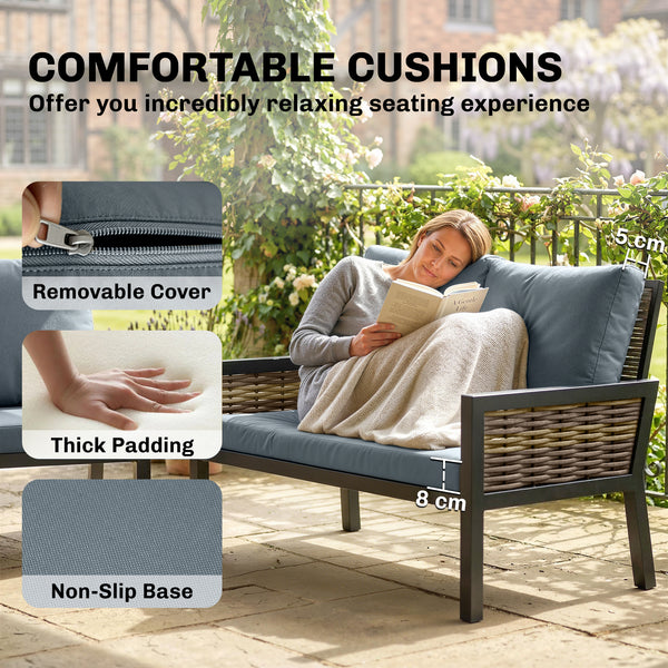 4 Seater Rattan Garden Furniture Set with 2 Armchairs, Loveseat, Coffee Table, Garden Sofa Set with Cushions, Outdoor Furniture Conversation Sets for Patio, Grey