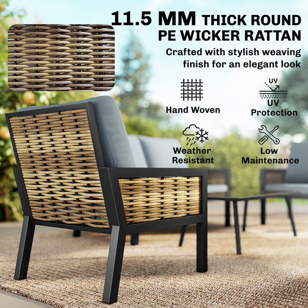 4 Seater Rattan Garden Furniture Set with 2 Armchairs, Loveseat, Coffee Table, Garden Sofa Set with Cushions, Outdoor Furniture Conversation Sets for Patio, Grey