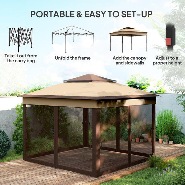 10.7 x 10.7ft Pop Up Camping Gazebo, Height Adjustable Instant Sun Shelter with UV30+ Roof Cover, Removable Mesh Curtains and Carrying Bag for Patio, Backyard, Beige