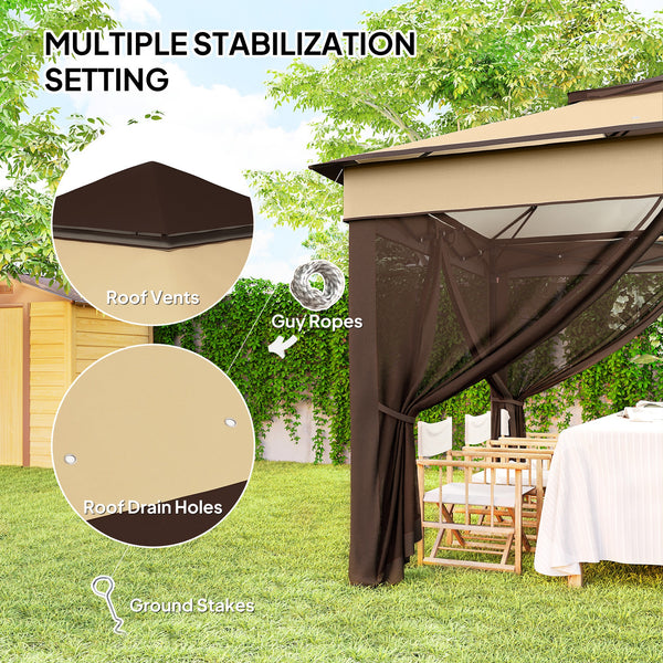 10.7 x 10.7ft Pop Up Camping Gazebo, Height Adjustable Instant Sun Shelter with UV30+ Roof Cover, Removable Mesh Curtains and Carrying Bag for Patio, Backyard, Beige
