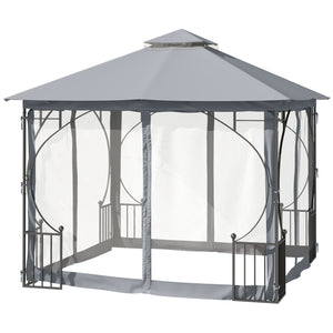 3 x 3m Garden Gazebo Patio Party Tent Shelter Outdoor Canopy Double Tier Sun Shade with Metal Frame and Netting, Light Grey