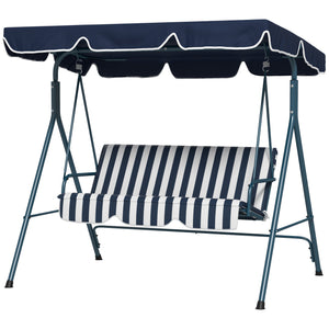 Outsunny 3-Seat Outdoor Patio Swing Chair with Removable Cushion, Steel Frame Stand and Adjustable Tilt Canopy for Patio, Garden, Poolside, Balcony, Backyard, Blue & White