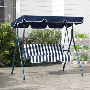 Outsunny 3-Seat Outdoor Patio Swing Chair with Removable Cushion, Steel Frame Stand and Adjustable Tilt Canopy for Patio, Garden, Poolside, Balcony, Backyard, Blue & White