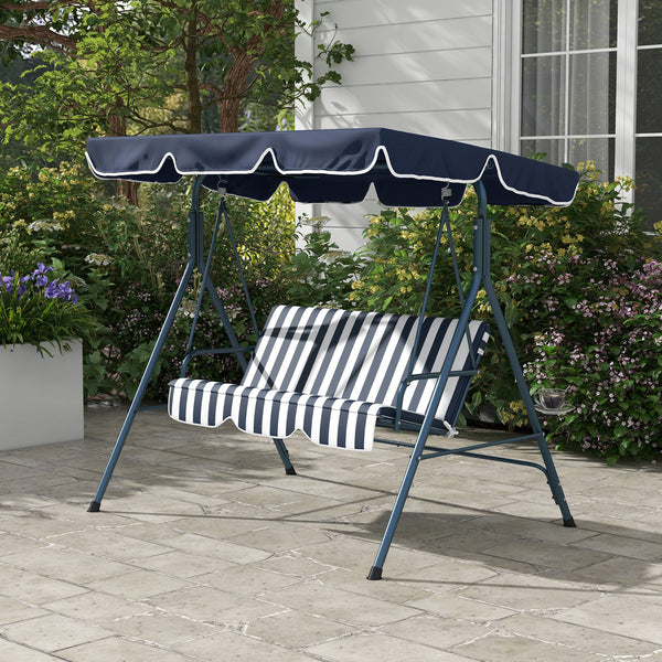 Outsunny 3-Seat Outdoor Patio Swing Chair with Removable Cushion, Steel Frame Stand and Adjustable Tilt Canopy for Patio, Garden, Poolside, Balcony, Backyard, Blue & White