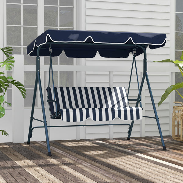 Outsunny 3-Seat Outdoor Patio Swing Chair with Removable Cushion, Steel Frame Stand and Adjustable Tilt Canopy for Patio, Garden, Poolside, Balcony, Backyard, Blue & White