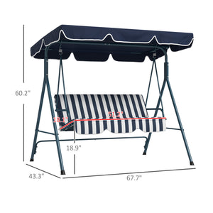 Outsunny 3-Seat Outdoor Patio Swing Chair with Removable Cushion, Steel Frame Stand and Adjustable Tilt Canopy for Patio, Garden, Poolside, Balcony, Backyard, Blue & White