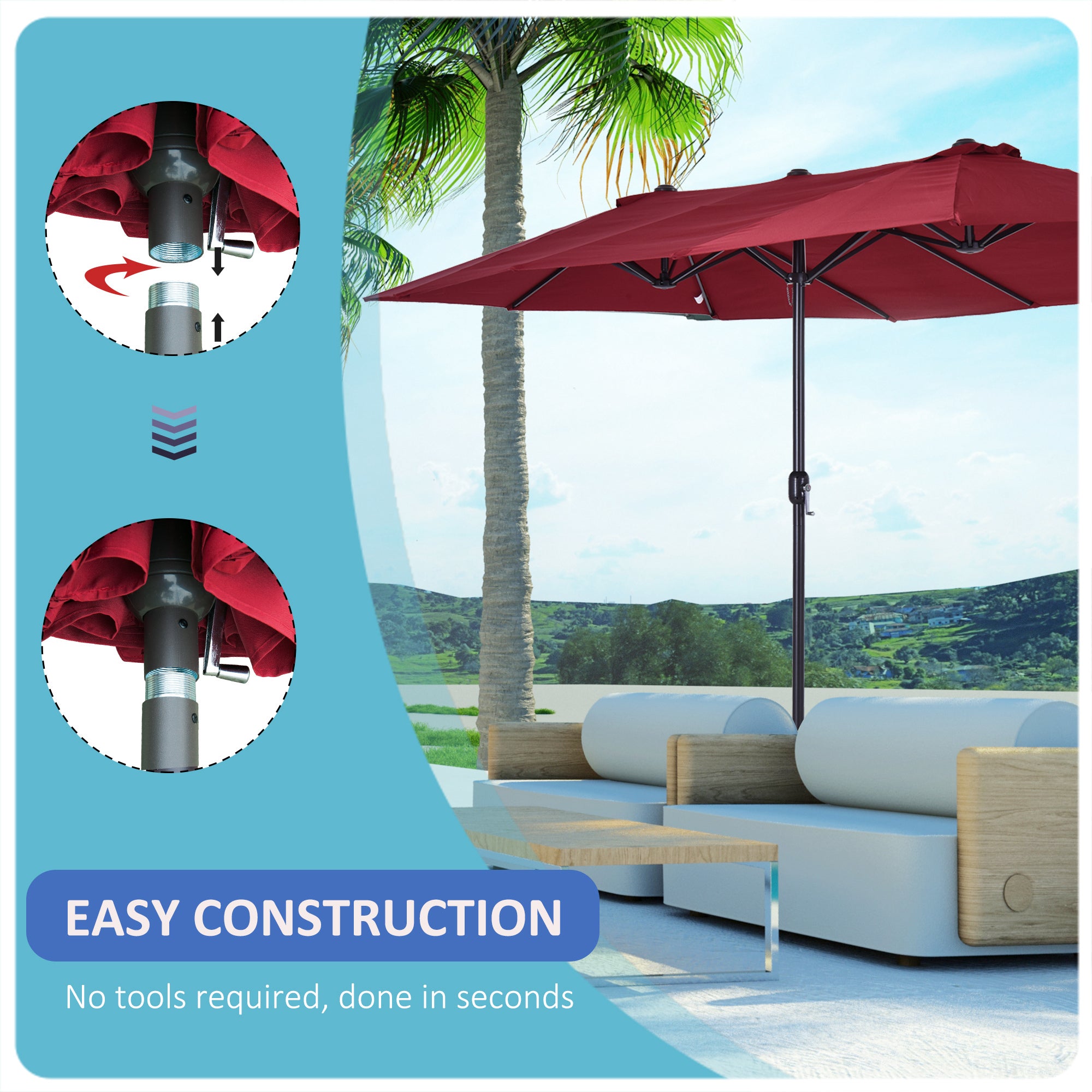 large adjustable patio umbrella Outsunny Extra Large 15ft Patio Umbrella, Double-Sided Outdoor Market Umbrella with Crank Handle for Deck, Lawn, Backyard and Pool, Wine Red