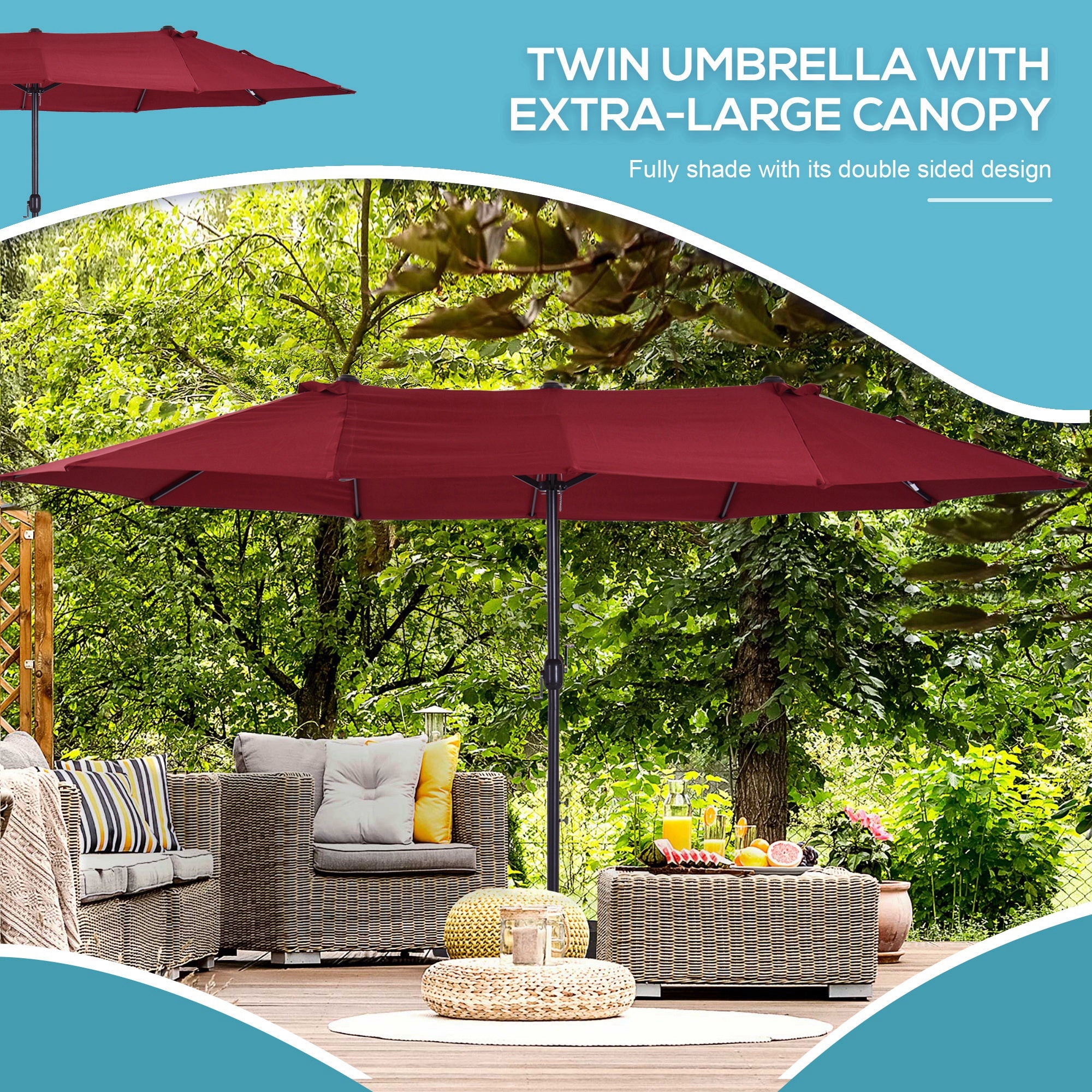 Outsunny Extra Large 15ft Patio Umbrella, Double-Sided Outdoor Market Umbrella with Crank Handle for Deck, Lawn, Backyard and Pool, Wine Red Outsunny Extra Large 15ft Patio Umbrella, Double-Sided Outdoor Market Umbrella with Crank Handle for Deck, Lawn, Backyard and Pool, Wine Red