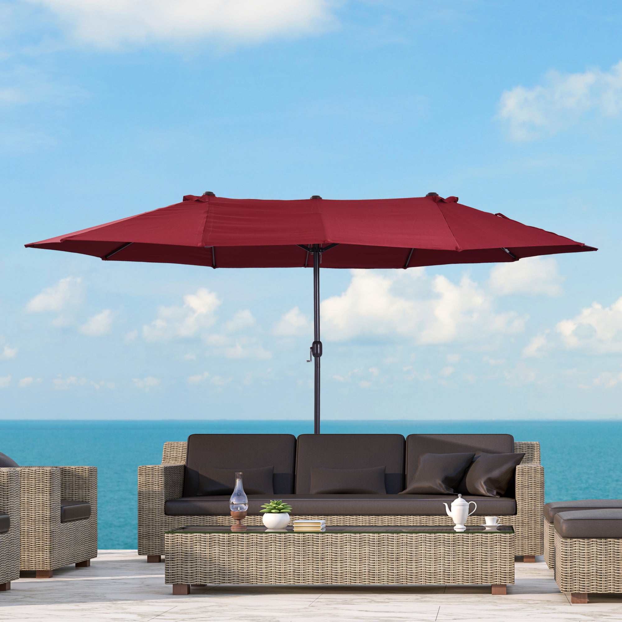 Outsunny Extra Large 15ft Patio Umbrella, Double-Sided Outdoor Market Umbrella with Crank Handle for Deck, Lawn, Backyard and Pool, Wine Red Outsunny Extra Large 15ft Patio Umbrella, Double-Sided Outdoor Market Umbrella with Crank Handle for Deck, Lawn, Backyard and Pool, Wine Red