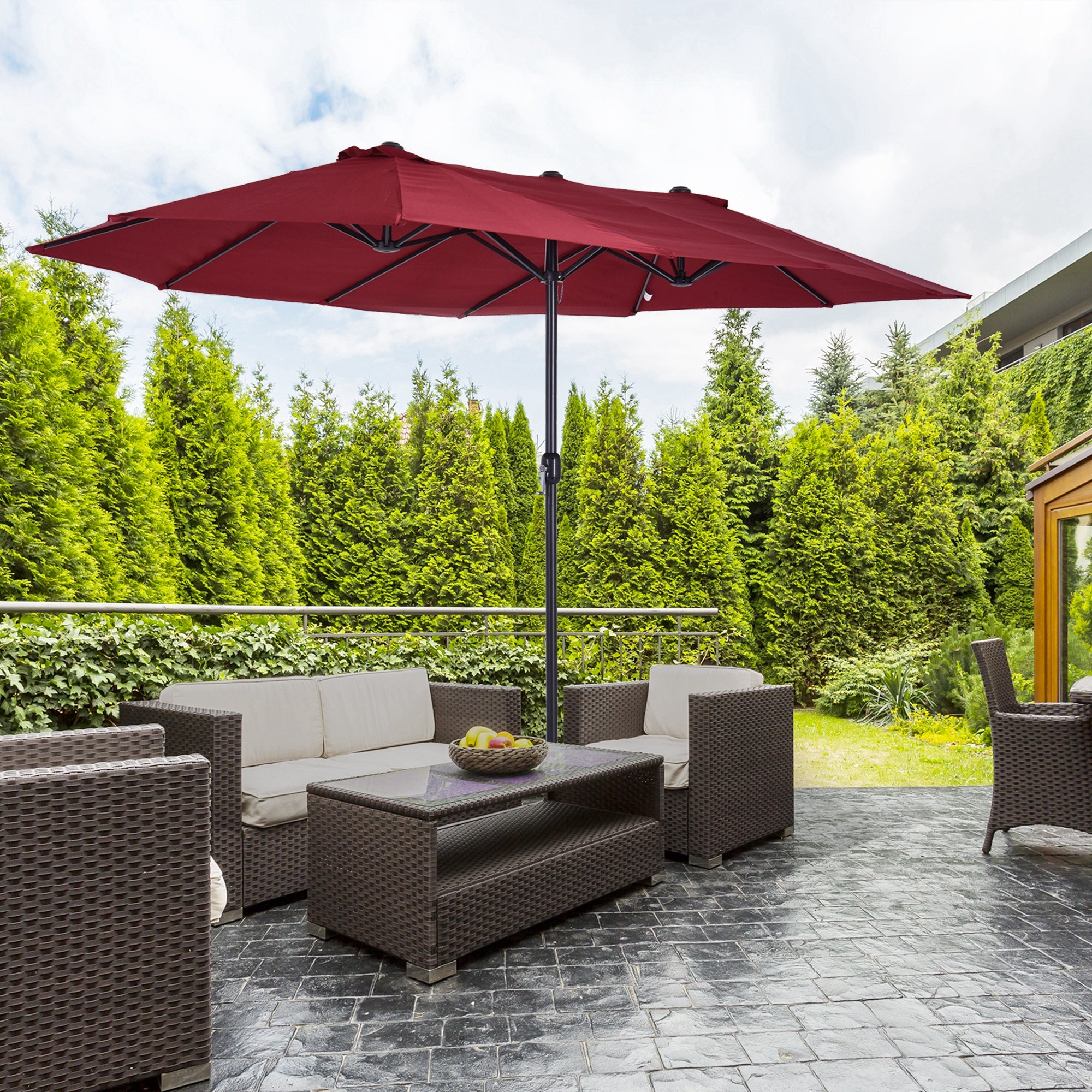 extra large patio umbrella bases Outsunny Extra Large 15ft Patio Umbrella, Double-Sided Outdoor Market Umbrella with Crank Handle for Deck, Lawn, Backyard and Pool, Wine Red