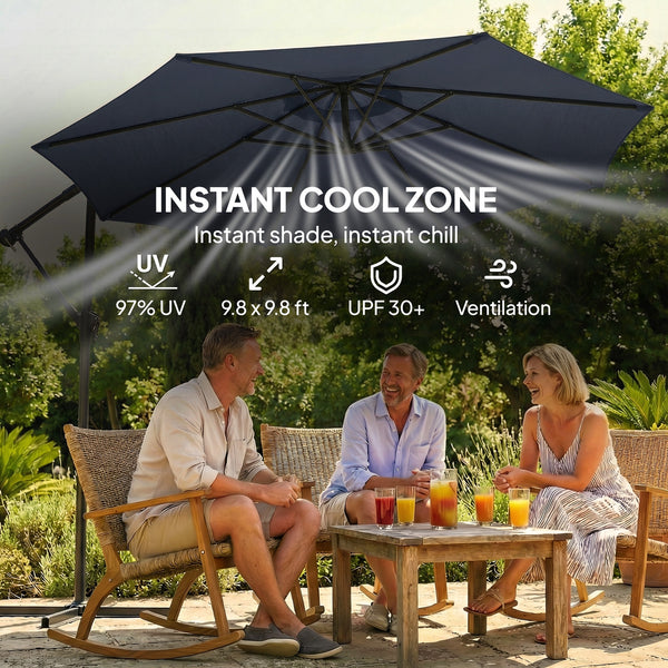 10 ft Offset Patio Umbrella with Cover, Round Hanging Cantilever Umbrella with 6-Position 360° Rotation, Crank Handle, Tilt, Cross Base, Heavy Duty Outdoor Umbrella for Garden, Navy Blue
