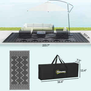 Outsunny Reversible Outdoor Rug, 9' x 18' Waterproof Plastic Straw Floor Mat, Portable RV Camping Carpet, Large Floor Mat for Backyard, Deck, Picnic, Beach, Black & Gray Rhombus Border