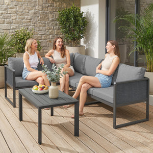 6 Seater Metal Garden Furniture Set, Corner Garden Sofa Set with 3 Texteline Loveseats, Faux Wood Top Coffee Table, L-Shape Outdoor Conversation Furniture with Cushions, Dark Grey